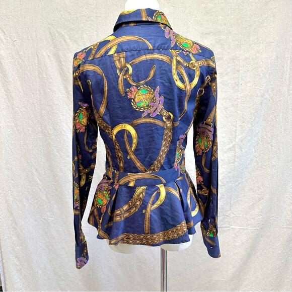 Lauren Ralph Lauren navy equestrian horse bit  button up peplum shirt size 4 - Picture 10 of 16